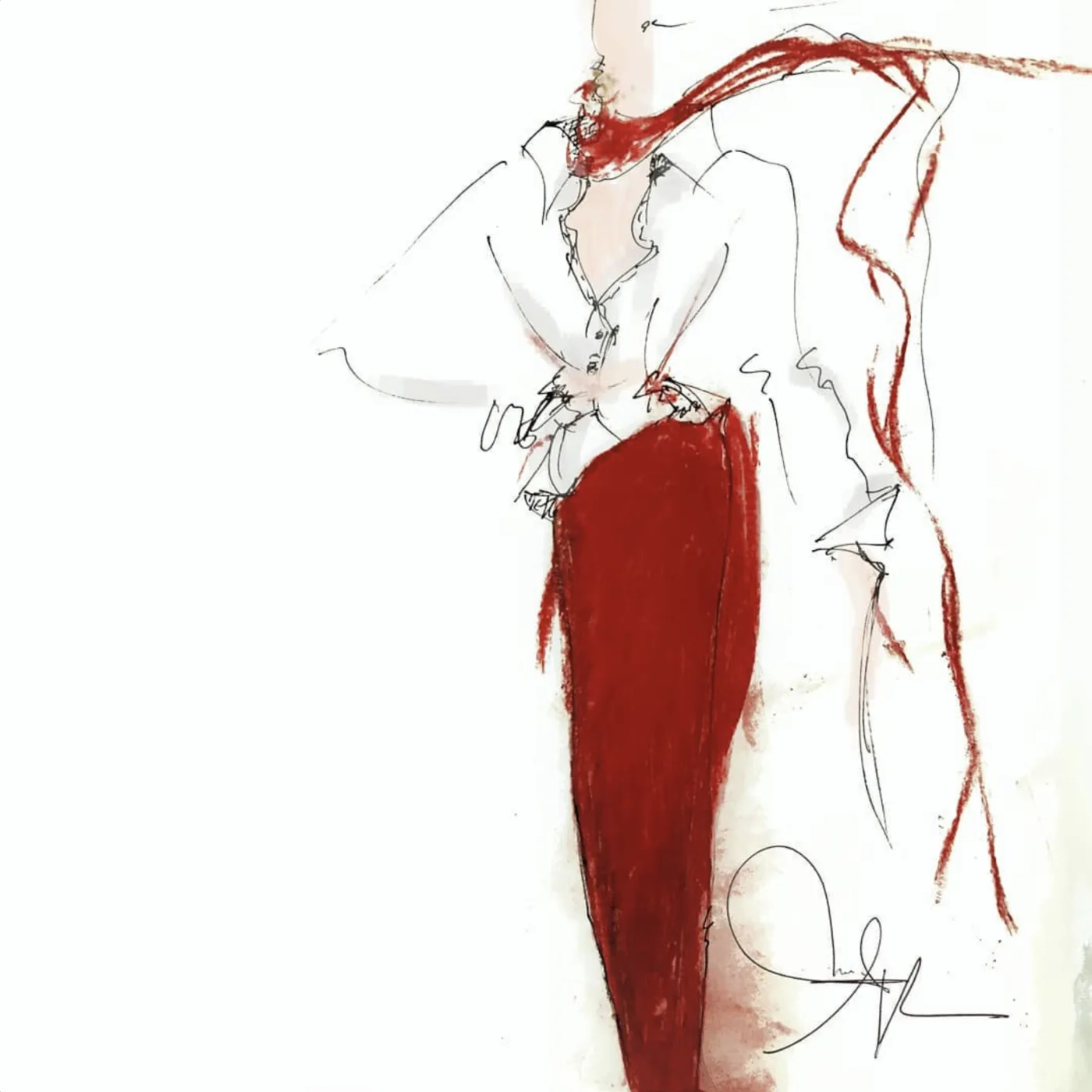 Boceto en tinta y rojo de un traje de invitada